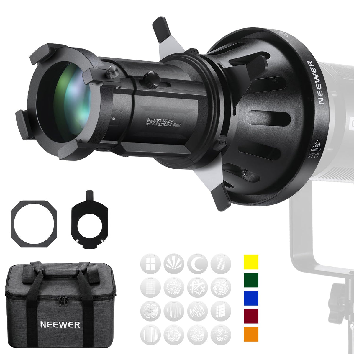 NEEWER Spotlight Snoot with 40° Projection Lens, Adjustable Focus, 16 Metal Gobos 5 Color Gels, Bag, Conical Snoot for Bowens Mount LED Continuous Output Lighting Studio Video Light Up to 300W, LS-38