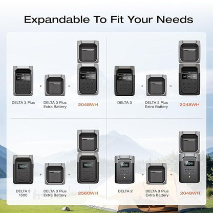 EF ECOFLOW Portable Power Station DELTA 3 Plus with Smart Extra Battery, Expand Capacity from 1024Wh to 2048Wh, Solar Generator for Emergency, Home Backup, Outdoor Camping