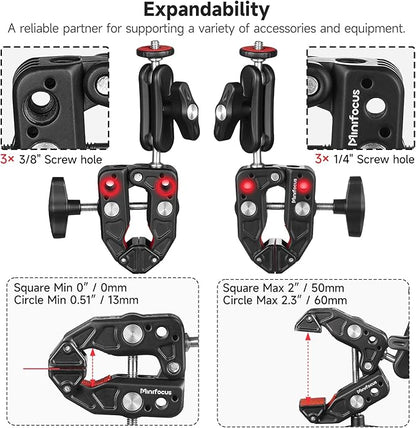 MINIFOCUS Super Clamp Camera Clamp Mount, 360° Ballhead Magic Arm with 1/4" 3/8" Port Extension Holder Adapter, Double Ball Head Adapter for Canon Nikon DSLR GoPro Action Camera Video Light