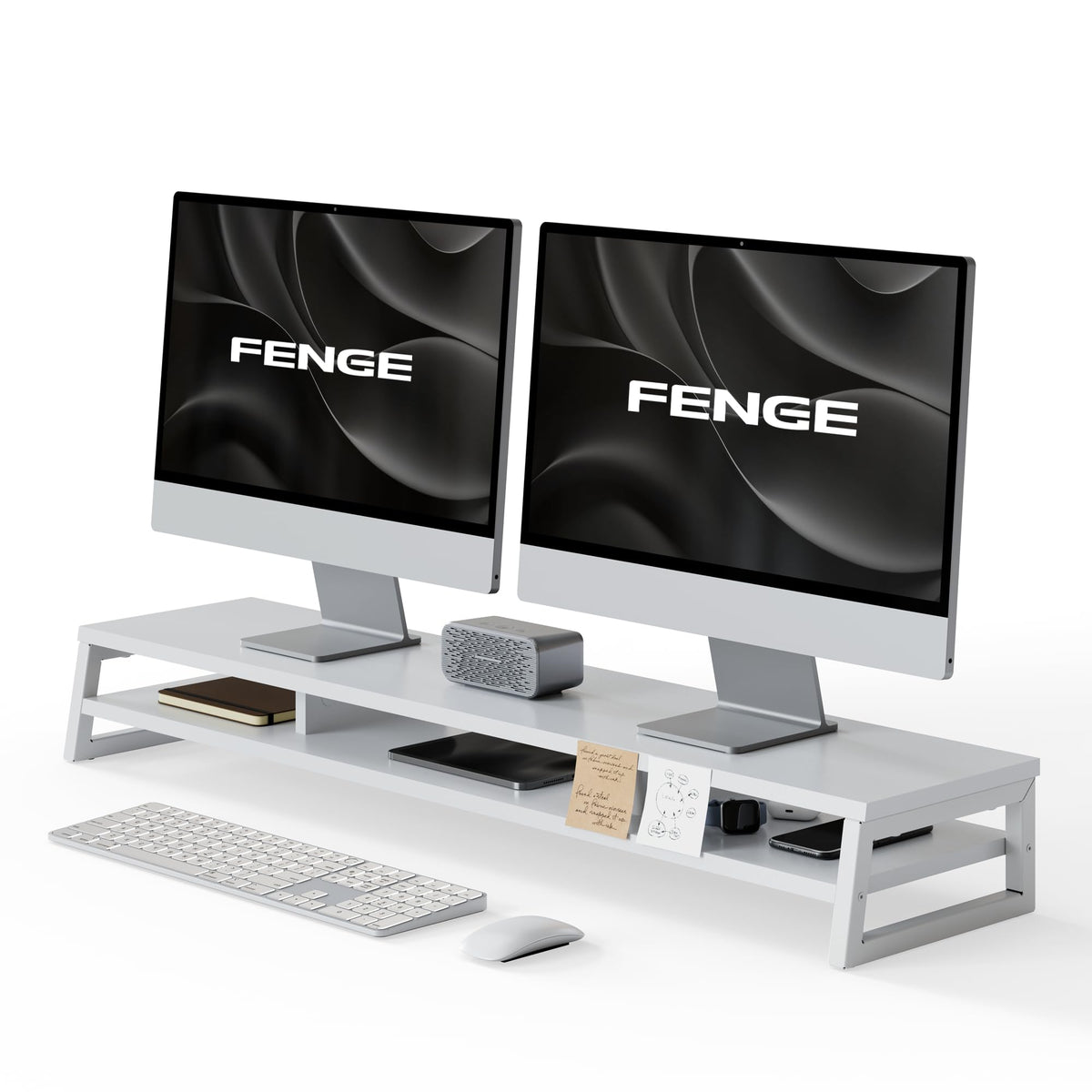 Fenge Dual Monitor Riser for Desk, Open Shelf with 3 Storage Compartments