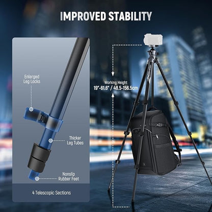 NEEWER LITETRIP LT07 61" Aluminum Travel Camera Tripod, Portable Stand with Ball Head Dual Axis Cell Phone Holder Arca QR Plate Compatible with iPhone Peak Design V3 for Video Recording, Max Load 22lb
