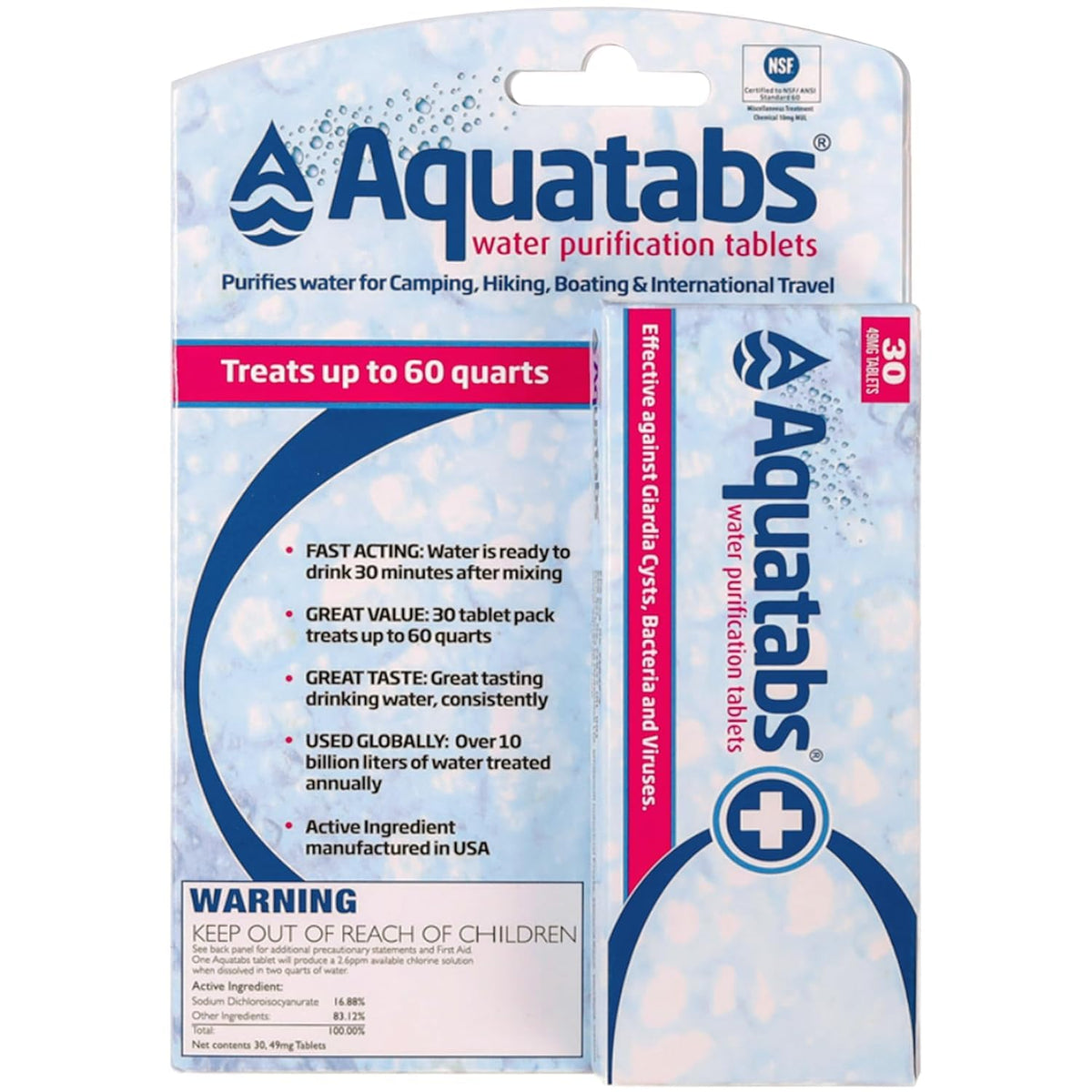 Aquatabs 49mg Water Purification Tablets, 100 Pack, Hiking & Camping