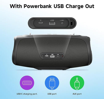 Portable Loud Bluetooth Speaker, 60W Large Subwoofer Wireless Bluetooth 5.3 with Powerbank USB Charge Out,Waterproof IPX7,Rugged Outdoor Boombox for Party,Beach,Golf Life,Pool, Shower,Bike Use