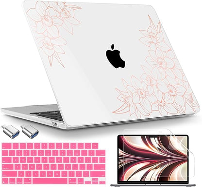 TWOLSKOO Compatible with M4 MacBook Air 13.6 inch Case 2025-2022 Release M4 A3240 M3 A3113 M2 A2681, Plastic Hard Shell & Keyboard Cover & Type C Adapter & Screen Protector, Pink Floral Frame