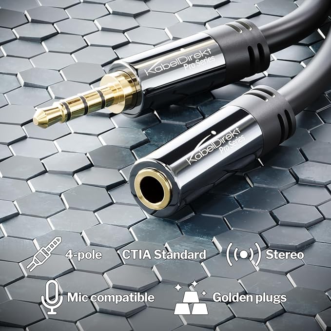 KabelDirekt – Headset Extension Cable – 25ft – Headphone Extension Cord with Break-Proof Metal Plug for Gaming Headsets & Headphones with Microphone, TRRS, 4-Pole, 3.5mm Male to Female