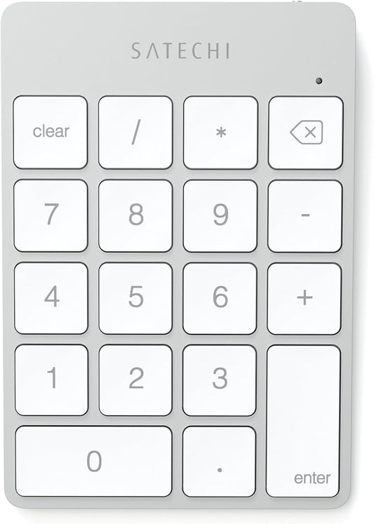 Satechi Slim Aluminum Bluetooth Keypad, Wireless Number Pad with 18 Keys, Micro USB Rechargeable Numpad, External Number Pad for MacBook Air/Pro/Neo, iPad Air/Pro, iMac, PC - Silver