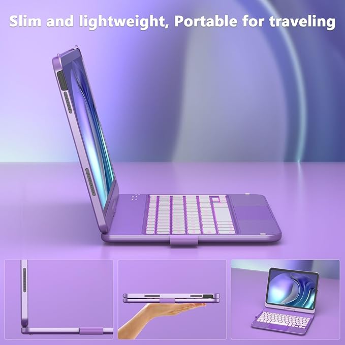 HOTLIFE for iPad A16 11th Generation/10th Generation Case with Keyboard,Touch Keyboard for iPad 11" /10th Gen 10.9 inch 2022-10 Color Backlight, 360° Rotatable Protective Cover (Light Purple)