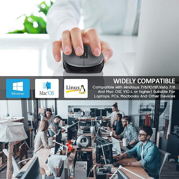 WisFox 2.4G Wireless Mouse for Laptop, Ergonomic Computer Mouse with USB Receiver and Type-C Adapter, 3 Adjustable Levels, 6 Button Cordless Mice for Windows Mac PC Notebook (Grey and Black)
