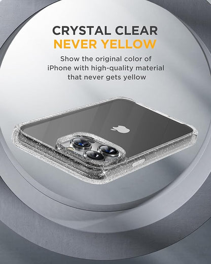 Miracase Glass Series for iPhone 15 Pro Max Case 6.7 Inch, Full-Body Drop Proof Phone Case for iPhone 15 Pro Max with Built-in 9H Tempered Glass Screen Protector + Camera Protector, Clear Glitter