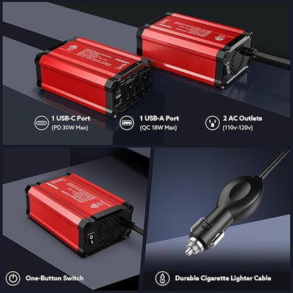 400W Car Power Inverter: vansoet DC 12V to AC 110V Inverter Converter, USB C PD 30W and USB-A QC 18W Port - Dual AC Plug Adapter Outlet Inverter for Vehicles, Laptop, Phones, Camera