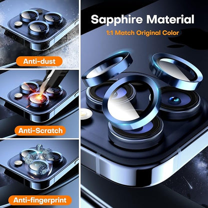 Camera Lens Protector for iPhone 16 Pro Max/16 Pro/15 Pro Max/15 Pro/14 Pro Max/14 Pro, Sapphire Glass Metal Individual Camera Cover Screen, Anti-drop, Case Friendly- Blue Titanium