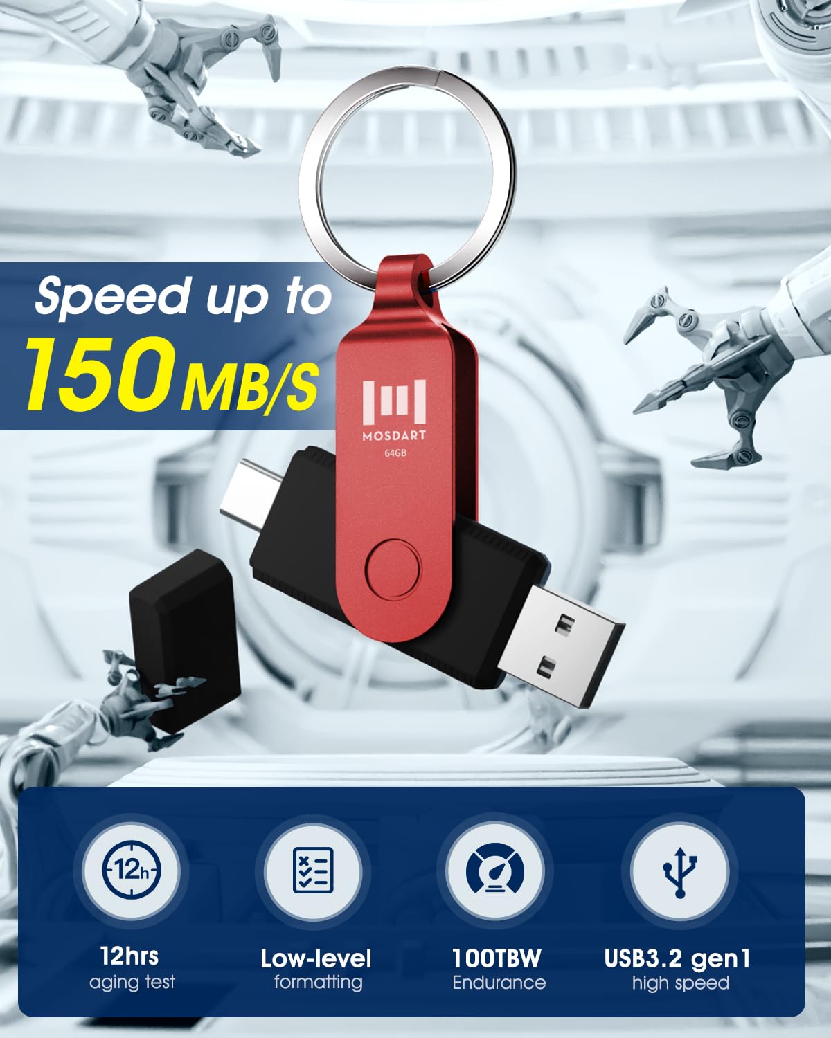 MOSDART 64GB USB C and A 3.2 150MB/s Dual Flash Drive with Keychain, Red