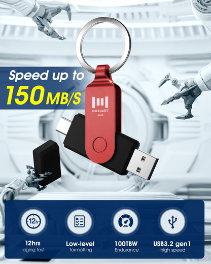 MOSDART 64GB USB C and A 3.2 150MB/s Dual Flash Drive with Keychain, Red