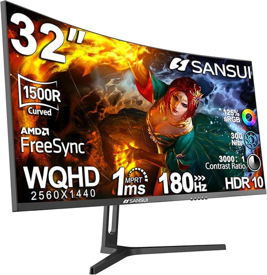 SANSUI 32-Inch Curved Gaming Monitor WQHD 2560 x 1440 180Hz Curved 1500R -Fast VA,1ms(OD), HDR, 300nits, sRGB 125%, DCI-P3 95%, FreeSync, DP1.4x2, HDMI x2(DP Cable Included)