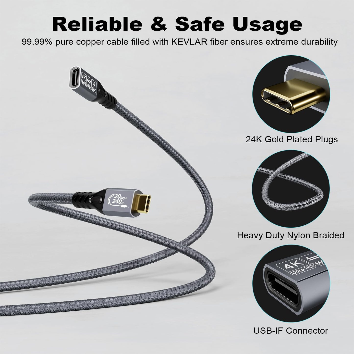CABLEDECONN Type C Cable 3ft 1m, 240W 48V/5A USBC to USB C 3.2 Gen2×2 Extension Cable, 20Gps Male Female Extender Cable, 4K@60Hz Dual C Video Cord Compatible with MacBook Pro