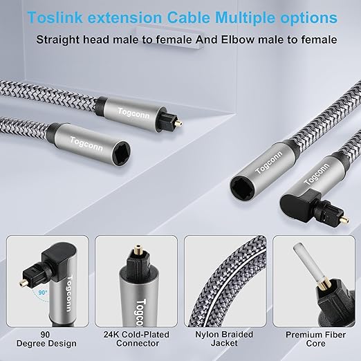 Optical Extension Fiber Digital Cable Adapter 0.6 Feet（2 Pack）, 90 Degree Right Angle & Straight Male to Female Coupler, Toslink Audio Cable, Nylon Braided for Home Theater, Soundbar, TV and More