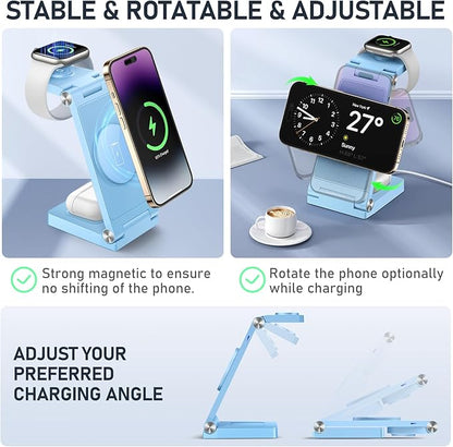 Magnetic Wireless Charger Stand, 3 in 1 Foldable Wireless Charging Station, Travel Charger for Multiple Devices for iPhone 16 15 14 13 12 Series, Apple Watch Ultra/SE/9/8/7/6/5/4/3/2, AirPods
