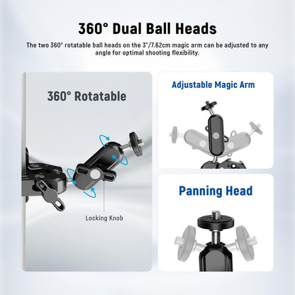 NEEWER Super Clamp with 3" Dual Ballhead Magic Arm, Camera Phone Clamp Mount with 1/4" 3/8" Threads, Cold Shoe, Phone Holder, Action Camera Adapter Compatible with GoPro DJI iPhone 16 15 Pro Max, ST88