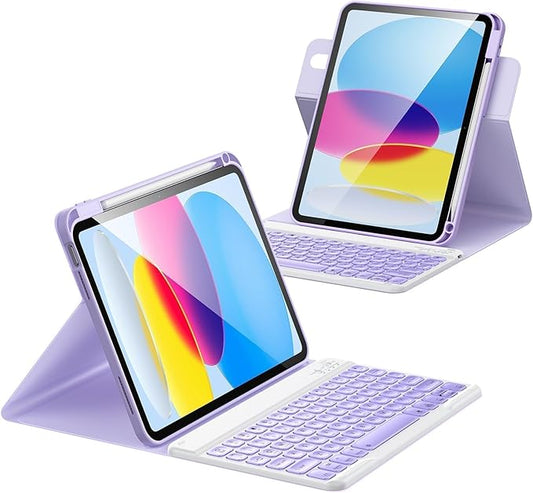 for iPad 11th 10th Generation Case with Keyboard, Magnetic 720° Rotatable Cover Wireless Detachable 7 Colors Backlit Keyboard with Pencil Holder for iPad 11 inch A16 2025 & 10.9 inch 2022 - Purple