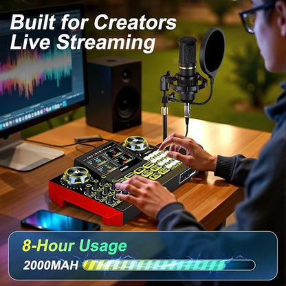 Audio Mixer, Sound Board for Pc/Phone Live Streaming Singing Gaming, Sound Mixer for 3.5/6.35mm Dynamic Microphone, Live Sound Card with DJ Mixer Effects & Voice Changer, Denoise, One Click Mute