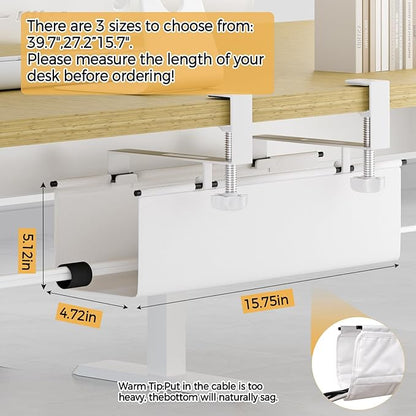 Under Desk Cable Management Tray 15.7" - No Drill Computer Wire Organizer Cable Tray, Cord Hider Clamp Mount with 16X Cable Ties PC Cables Management Cord Holder for Office/Home (Upgrade Fabric,White)