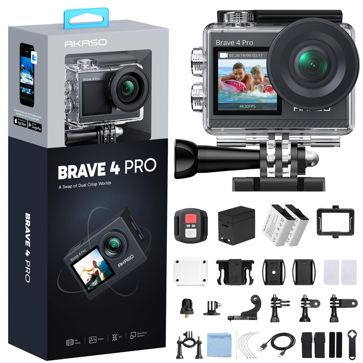 AKASO Brave 4 Pro Action Camera 4K with 256GB MicroSD U3 Card Bundle
