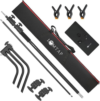 LOMTAP C Stand Light Stand Stainless Metal Photography Kit - Heavy Duty 6.8ft/210cm Vertical Pole, 2.8ft/87cm Boom Arm, Adjustable Base, Water Sandbag, 2 Grip Heads, 3 Clips for Softbox, Reflector