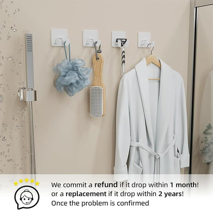 Adhesive Shower Hooks for Inside - Extra Sticky Stainless, Razor Holder Shower Accessories, Wall Mounted Self-Adhesive Double Hooks for Razor, Loofah, Towel, Shaver, Coat, Key, White, 4 Pack