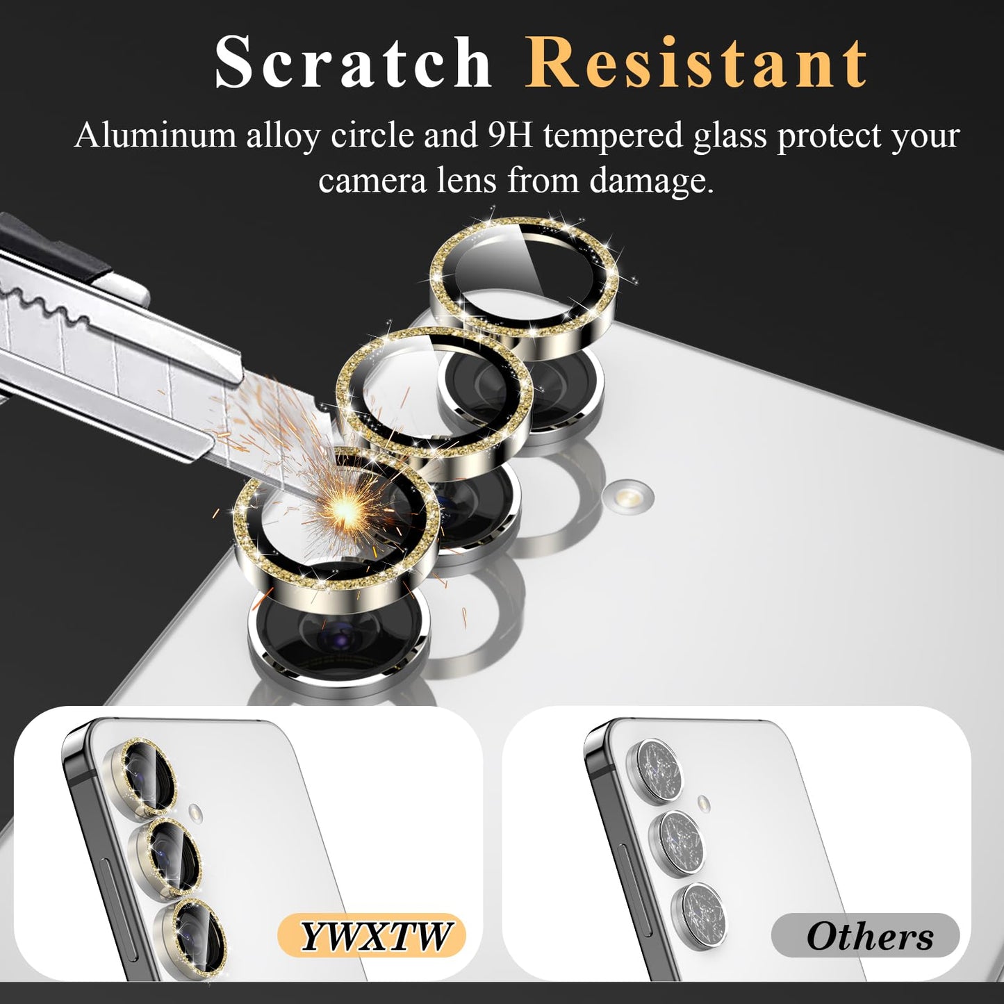 YWXTW Camera Lens Protector for Samsung Galaxy S24 / S23 / S23 Plus, [NOT for S24 Plus] 9H Tempered Glass Metal Individual Ring Camera Screen Protector for S24 Accessories (Gold Glitter)