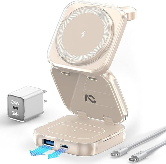 5-in-1 Wireless Charger for MagSafe, AC ISLAND Portable Travel Charging Station, 15W Max Fast Foldable Magnetic Stand, Evolved for iPhone 16/15/14/13 Series, Apple Watch, AirPods (with 35W Adapter)