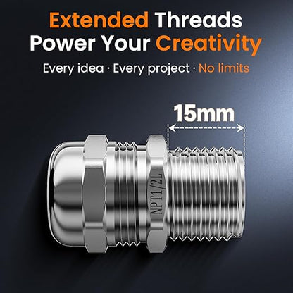 QILIPSU 2pcs 1/2" NPT 304 Stainless Steel Cable Gland Long Thread Waterproof IP68 Metal Strain Relief Cord Grip Cable Pass Through Wire Connector