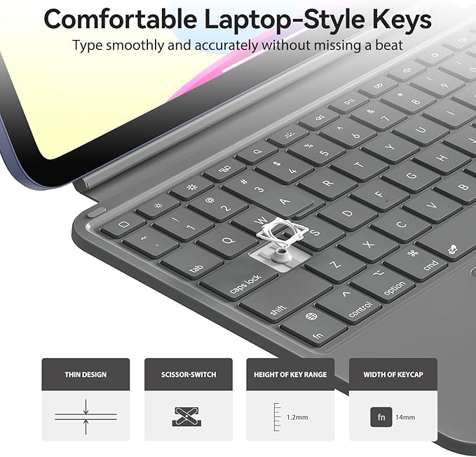 Touch iPad 10th Generation Case with Keyboard (10.9", 2022) & iPad 11th (A16, 2025): Magnetic Split Stand Case, Multi-Touch Trackpad, Rechargeable Wireless Keyboard Folio with Backlit Keys, Gray
