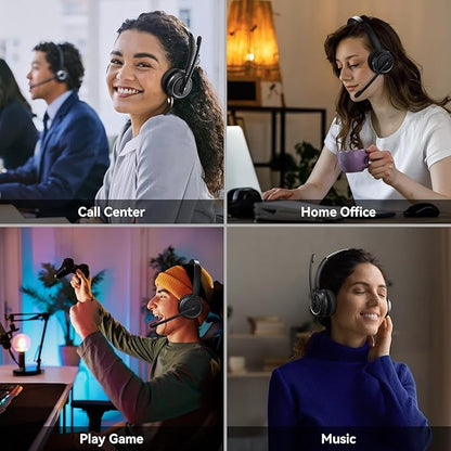 Wireless Headset with Mic for Work, Bluetooth Headset with Mic (AI Noise Canceling & Mic Mute), Wireless Headphones with USB Dongle & Charging Base for Work/Home/Call Center/PC/Computer/Zoom/Teams