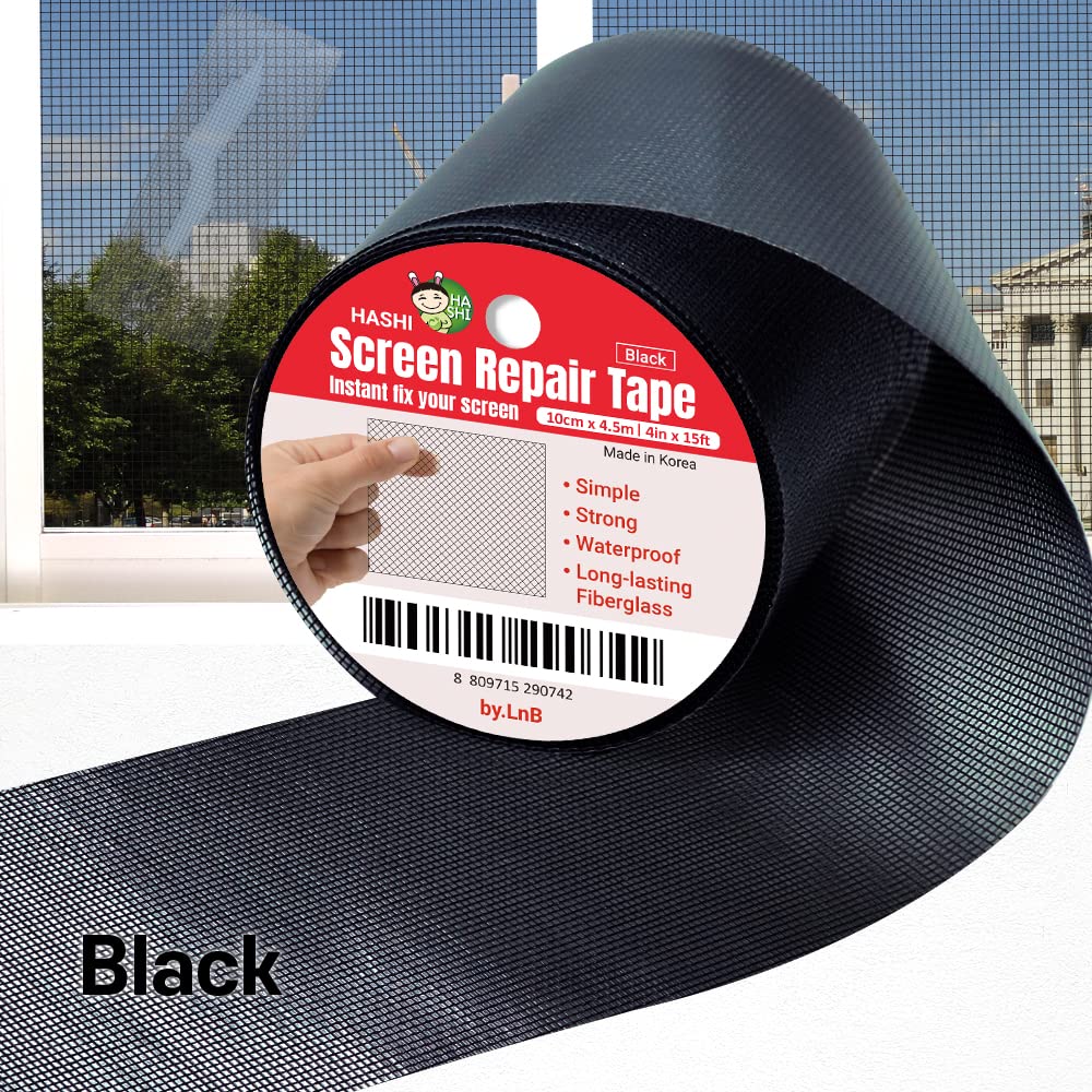 HA SHI Screen Repair Kit for Windows or Doors (4" x 15FT, Black) 3-Layer Strong Adhesive Tape, Made in Korea, Ease-Installation Fiberglass Covering Mesh