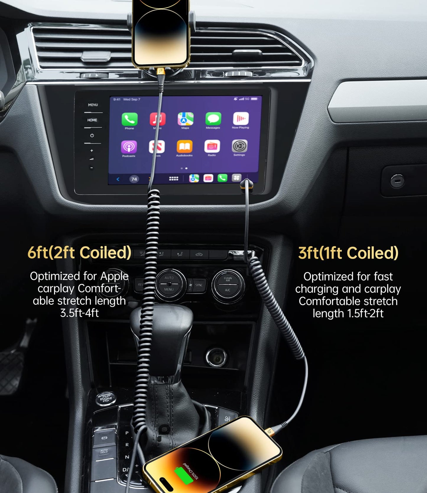 Short iPhone Charger Cable for Car, 2 Pack 3FT Coiled Lightning Cable