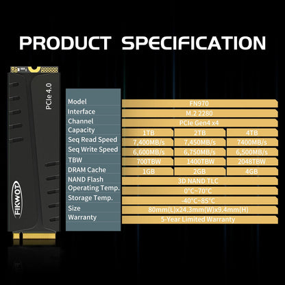 Fikwot FN970 1TB M.2 2280 PCIe Gen4 x4 NVMe 1.4 Internal Solid State Drive with Heatsink - Speeds up to 7,400MB/s, Configure DRAM Cache, Internal SSD