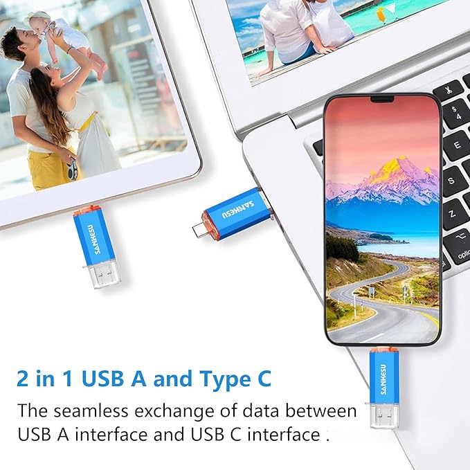 64GB 3.0 USB C Flash Drive, USB-A & Type-C OTG Thumb Stick, Dual Memory Sticks Compatible with PC/Laptop/Type C Cell Phone and Tablet (Silver/Blue)