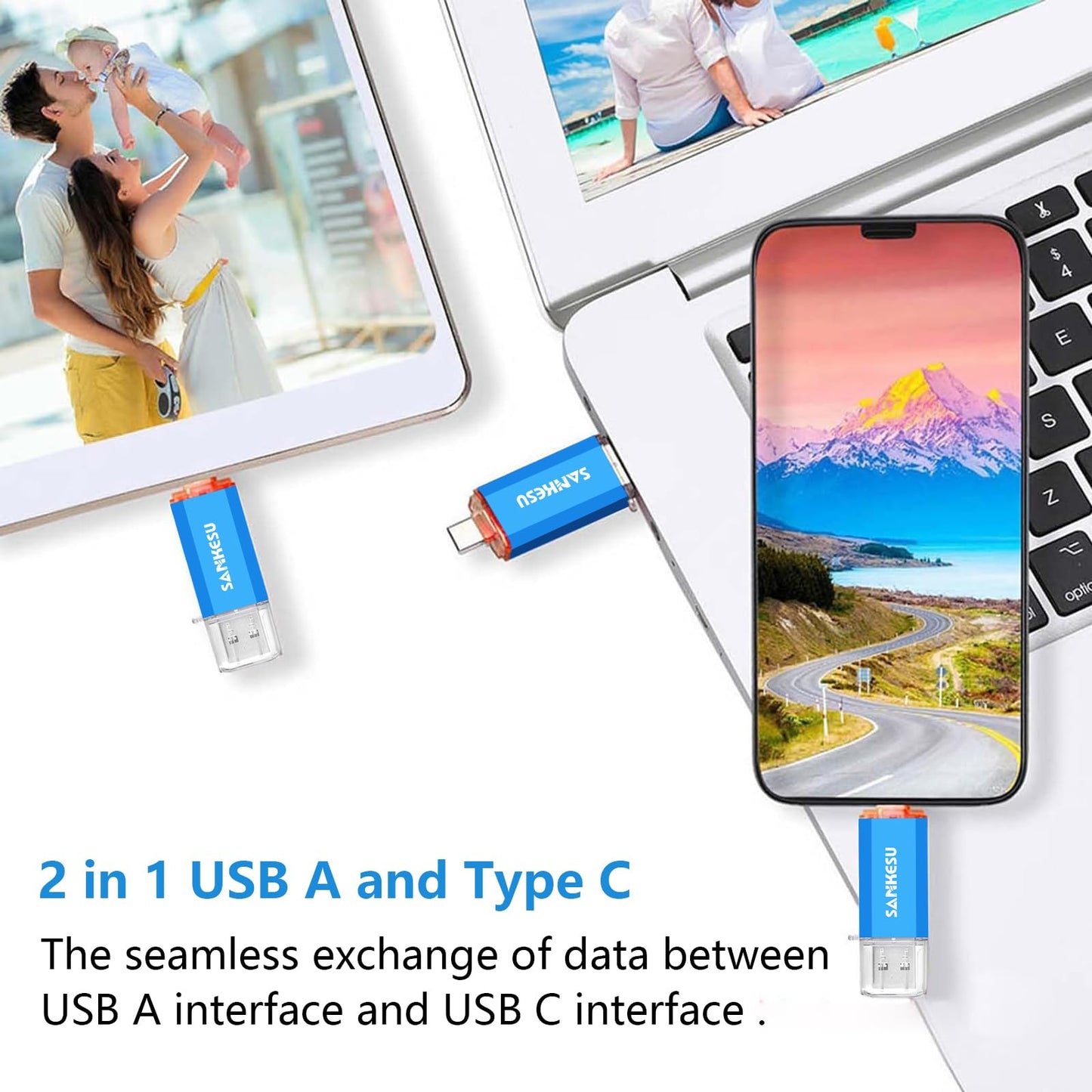 SANKESU 512GB USB C Flash Drive 2 in 1 OTG USB 3.0,USB-A & Type-C Thumb Stick, Dual Memory Sticks Compatible with PC Laptop Type C Cell Phone and Tablet (Blue)
