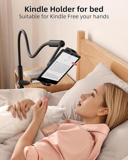 SAIJI 47" Gooseneck Kindle Holder, Tablet Holder for Bed with Upgraded Base, iPad Stand with Flexible Lazy Arm, Compatible with iPad/iPhone/Kindle/Switch or Other 4.7-13" Device (Black)