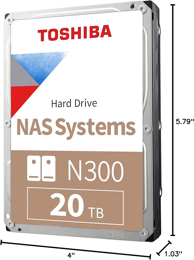 Toshiba N300 20TB NAS 3.5-Inch Internal Hard Drive - CMR SATA 6 GB/s 7200 RPM 512 MB Cache - HDWG62AXZSTA