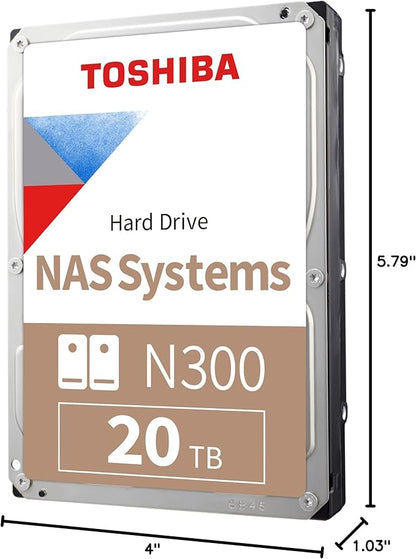 Toshiba N300 20TB NAS 3.5-Inch Internal Hard Drive - CMR SATA 6 GB/s 7200 RPM 512 MB Cache - HDWG62AXZSTA