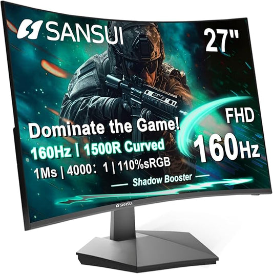 SANSUI 27 Inch Curved Gaming Monitor, 160Hz 144Hz FHD 1080P, 1500R Curved PC Computer Monitor, FPS/RTS, 1Ms MPRT| FreeSync | HDR |4000:1, 110% sRGB,Low Blue Light|HDMI DP Ports for Gaming, Work