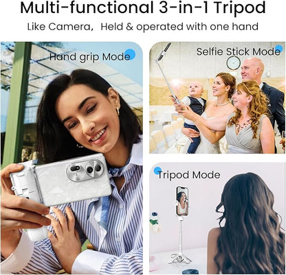 Mini Selfie Stick with 2 Fill Lights, Portable Phone Tripod with Remote and Cold Shoe Mount, Pocket Size Selfie Tripod for iPhone Android, Live Streaming, Video Recording(White)
