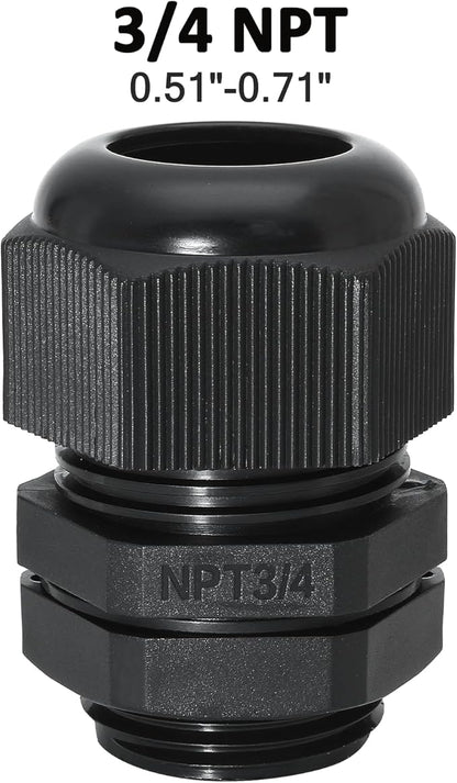 10 Pcs 3/4" NPT Nylon Cable Glands, IP68 Waterproof Adjustable Cord Grip Cable Connector Strain Relief Wire Protectors for 13-18mm Cable Diameter, Black