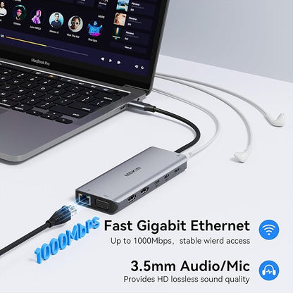 USB C Laptop Docking Station Dual Monitor, 14 in 1 Docking Station 3 Monitors Multiport Adapter with 2 HDMI 4K, VGA, RJ45 Ethernet, 10 Gbps USB C/A, 100W PD, SD/TF, 3.5MM Audio&Mic for Dell HP Lenovo
