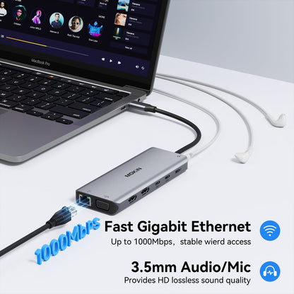 USB C Laptop Docking Station Dual Monitor, 14 in 1 Docking Station 3 Monitors Multiport Adapter with 2 HDMI 4K, VGA, RJ45 Ethernet, 10Gbps USB C/A, 100W PD, SD/Micro SD, 3.5MM Audio&Mic for Dell HP