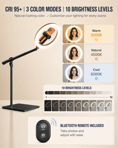LUXSURE 10" Overhead Ring Light for Desk with Weighted Base, Freestanding Telescopic Phone Mount, Phone Stand with Light & Remote for Video Recording, Cooking, Crafts, Live Streaming