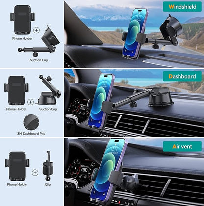 Car Phone Holder Mount, [Military-Grade Suction & Super Sturdy Base] 3 in 1 Universal Phone Mount for Car Dashboard Windshield Air Vent Car Mount for iPhone Android Smartphone GPS Navigator