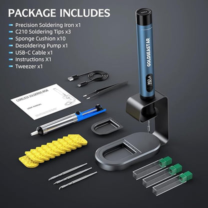 Cordless Soldering Iron Kit - 7s Fast Heating & Auto Sleep, Portable USB-C Rechargeable Welding Pen with 3 Tips (392°F/200°C to 842°F/450°C) for Electronics Repair/DIY/Circuit Board, Blue