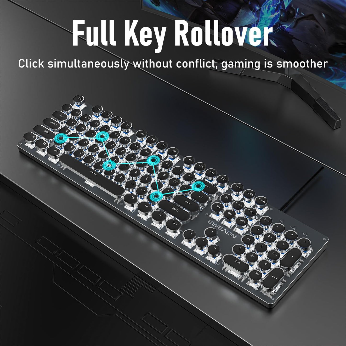 SEUNKWANG Typewriter Style Mechanical Gaming Keyboard with White Backlit, Wired Retro Punk Computer Keyboard Durable Metal Panel, Clicky Blue Switch, Round Keycaps, Full-size for PC/Desktop/Win, Black